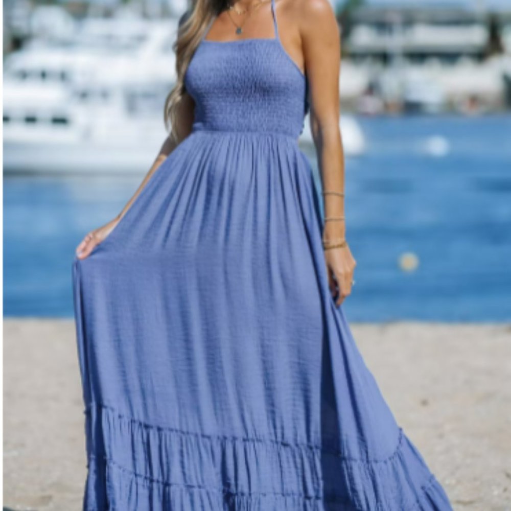 CUPSHE Keira Smocked Denim Maxi Dress